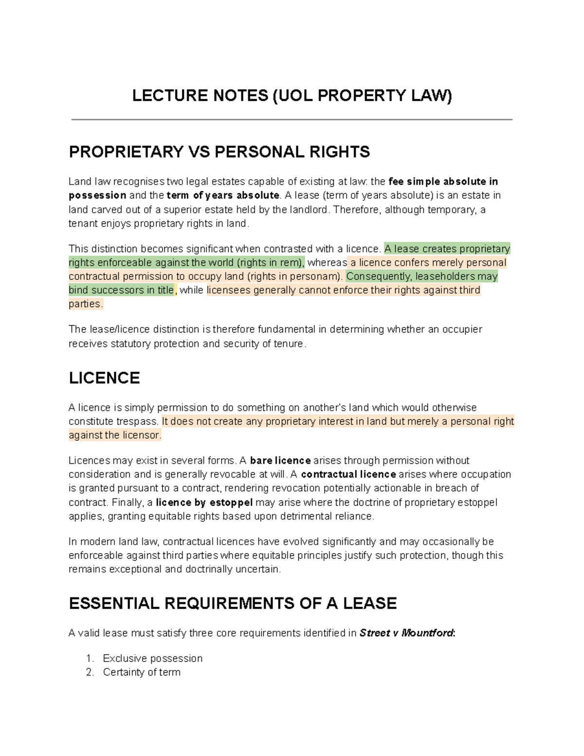 LECTURE NOTES (UOL PROPERTY LAW): Licences vs Leases Explained - Studocu