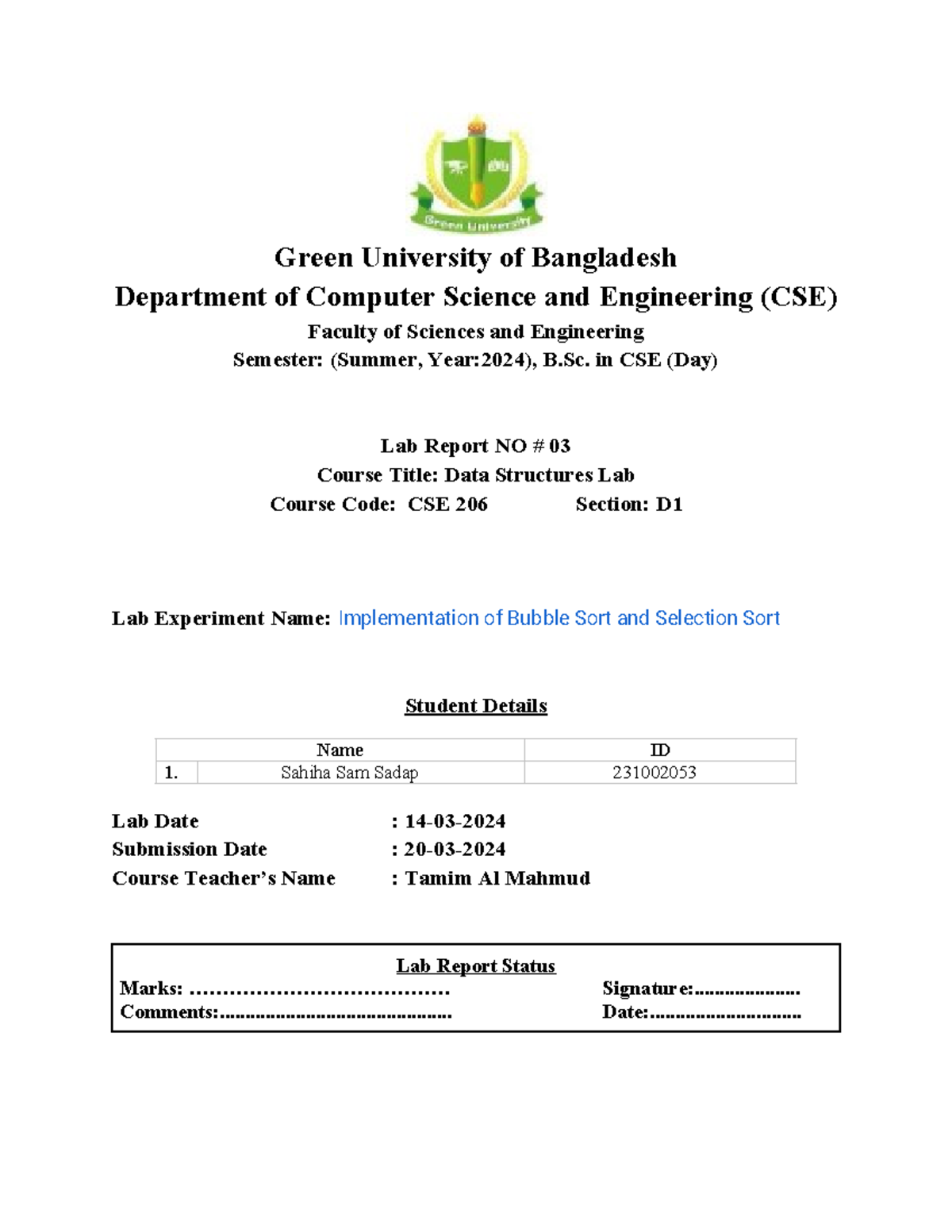 Lab Report Template - Green University of Bangladesh Department of ...