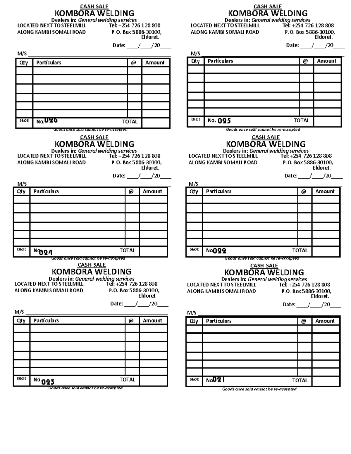 Kombora Welding Cash Sale Receipt Template - Studocu