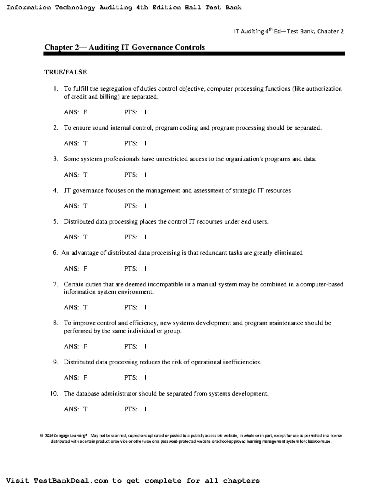 IT Auditing 4th Ed - Test Bank Answers for Chapter 2 Controls - Document Preview
