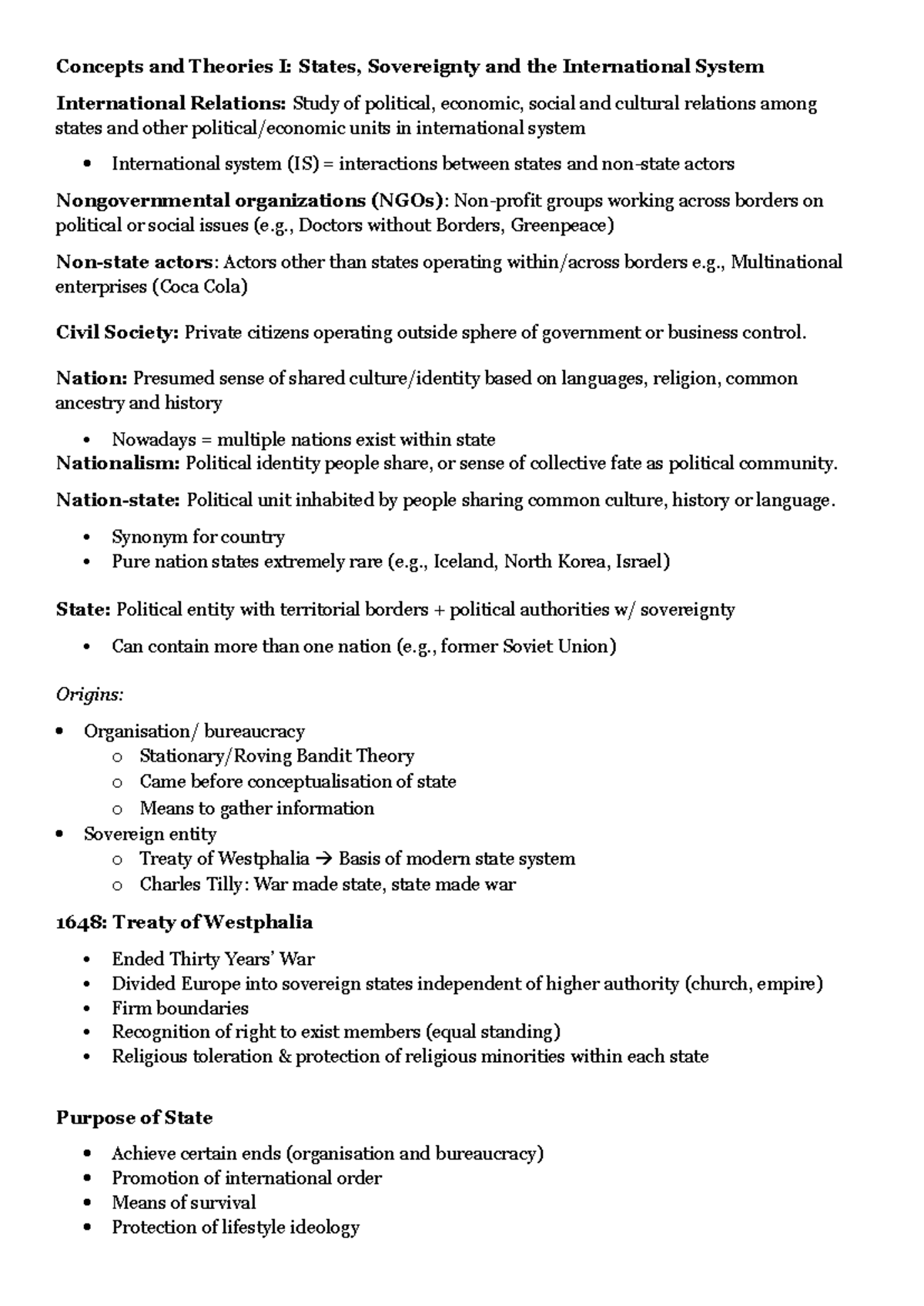 IR 101: Final Exam Notes on States, Sovereignty, and Theories in ...
