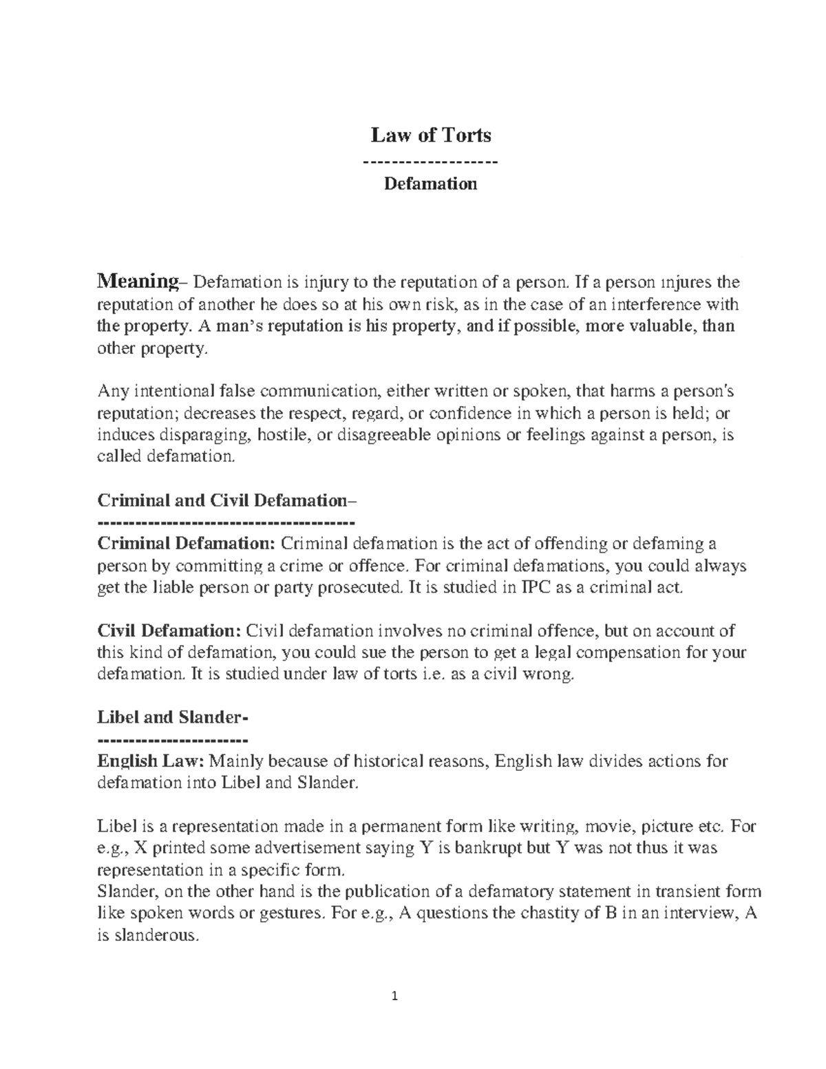 Defamation in Law of Torts: Key Concepts and Case Studies - Studocu