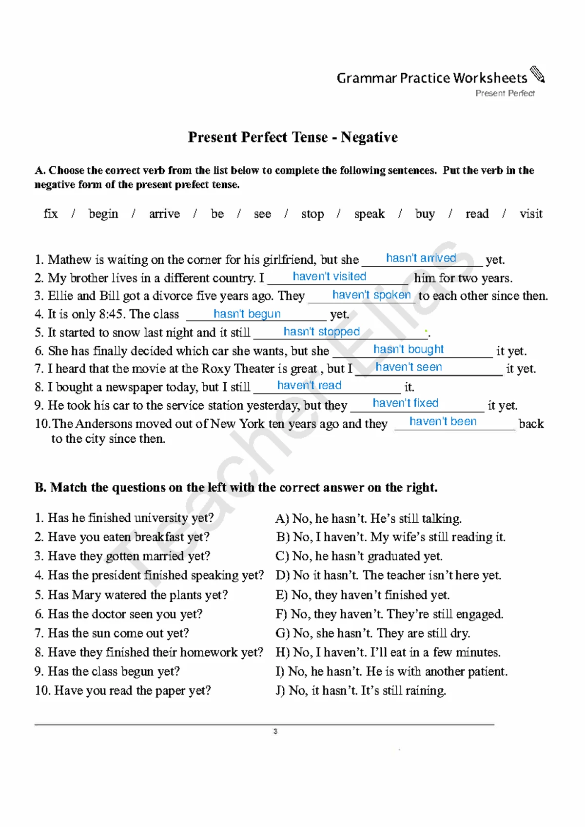 Grammar Practice: Present Perfect Tense Worksheets - Studocu