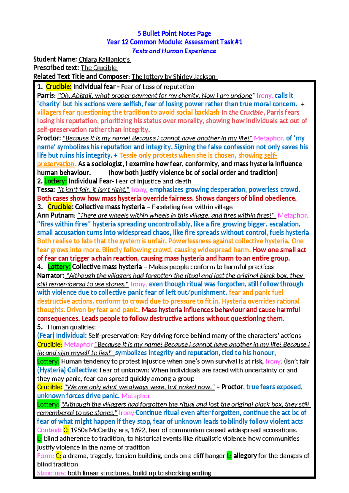 Year 12 Common Module: Texts & Human Experience Notes on "The Crucible ...