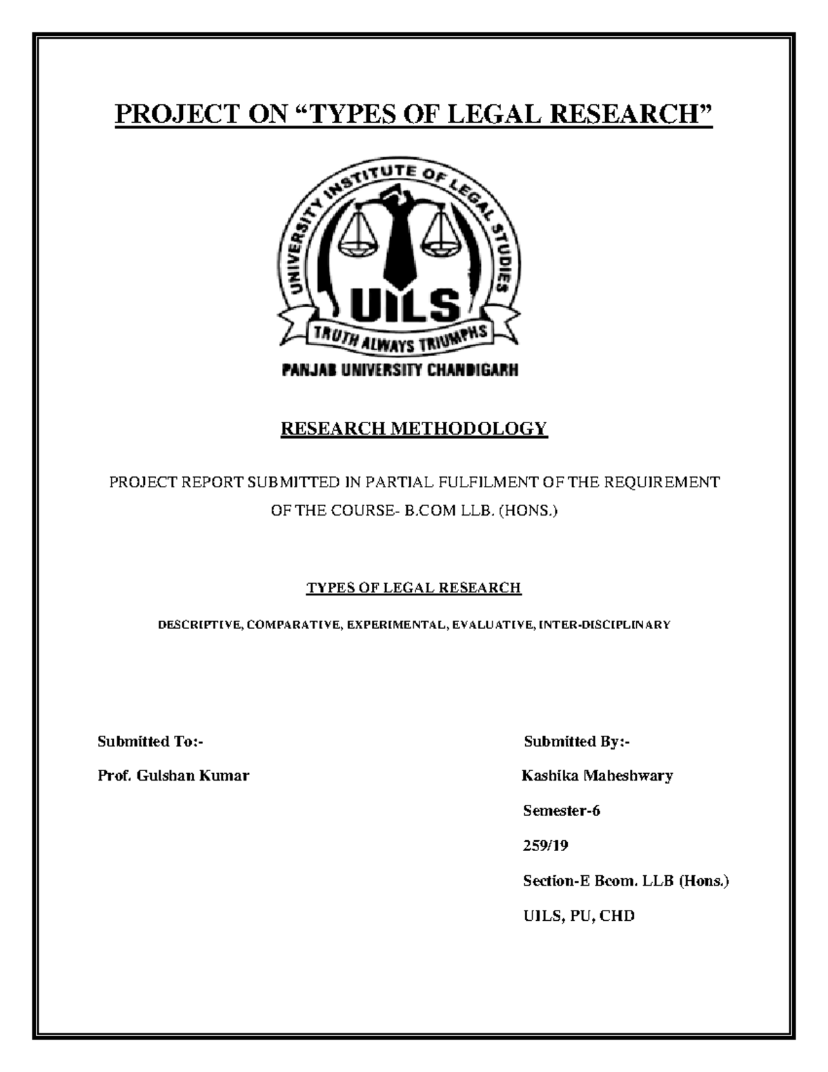 B.COM LLB (HONS.) Legal Research Methodology Project Report - Studocu