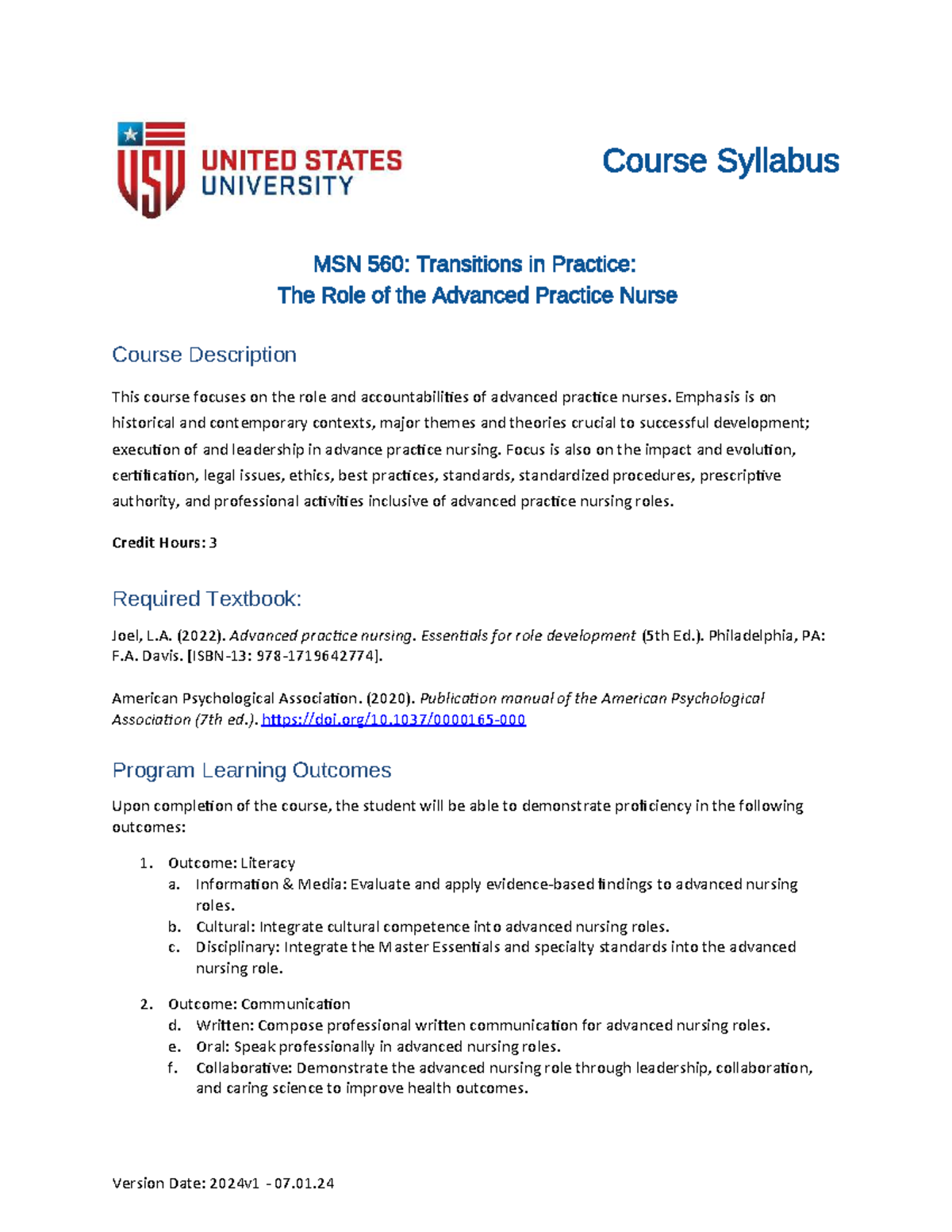 MSN 560 Course Syllabus: Transitions in Advanced Practice Nursing - Studocu