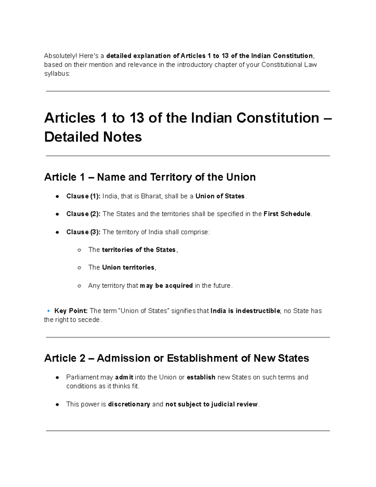 Constitutional Law (CL101): Detailed Notes on Articles 1 to 13 - Studocu