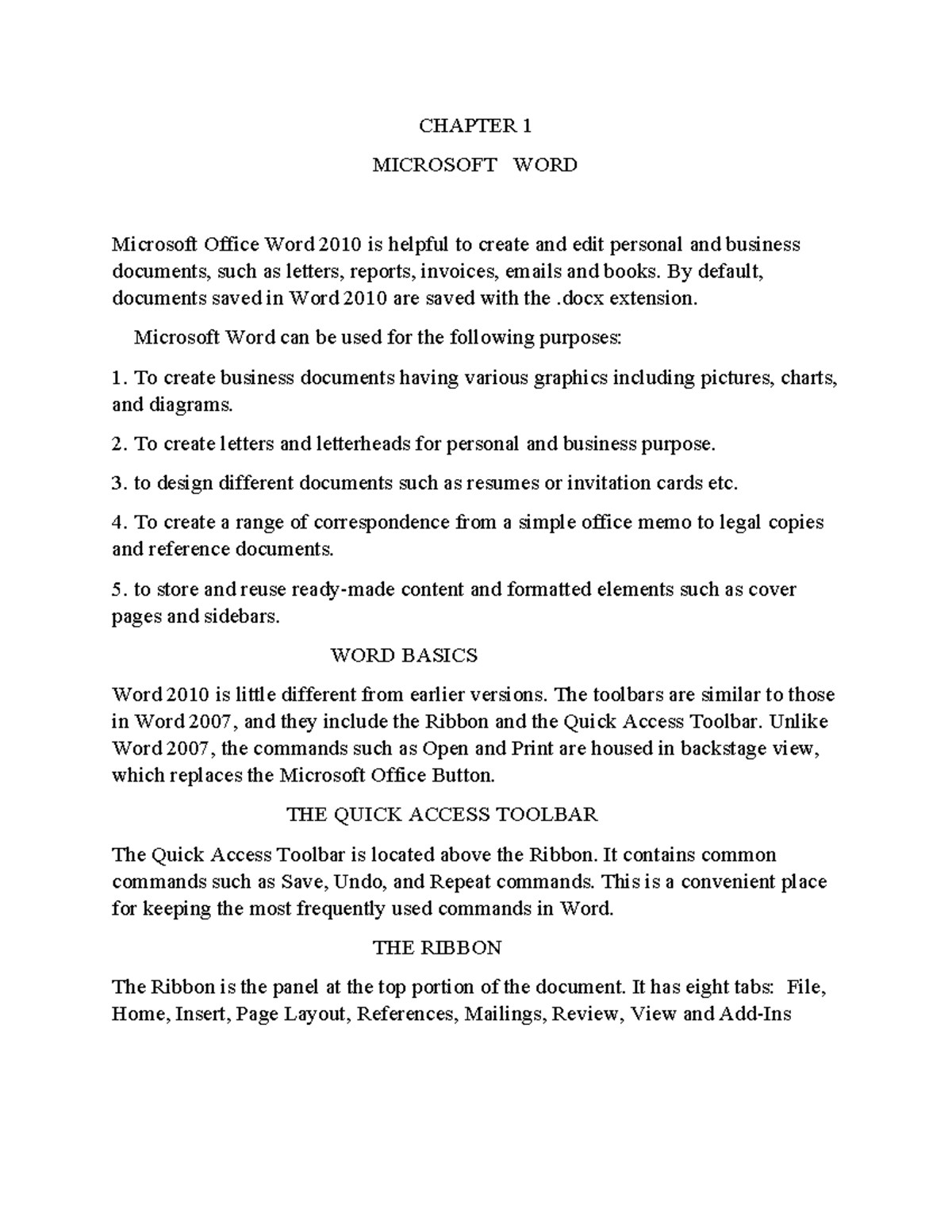 CHAPTER 1: INTRODUCTION TO MICROSOFT WORD 2010 - Studocu