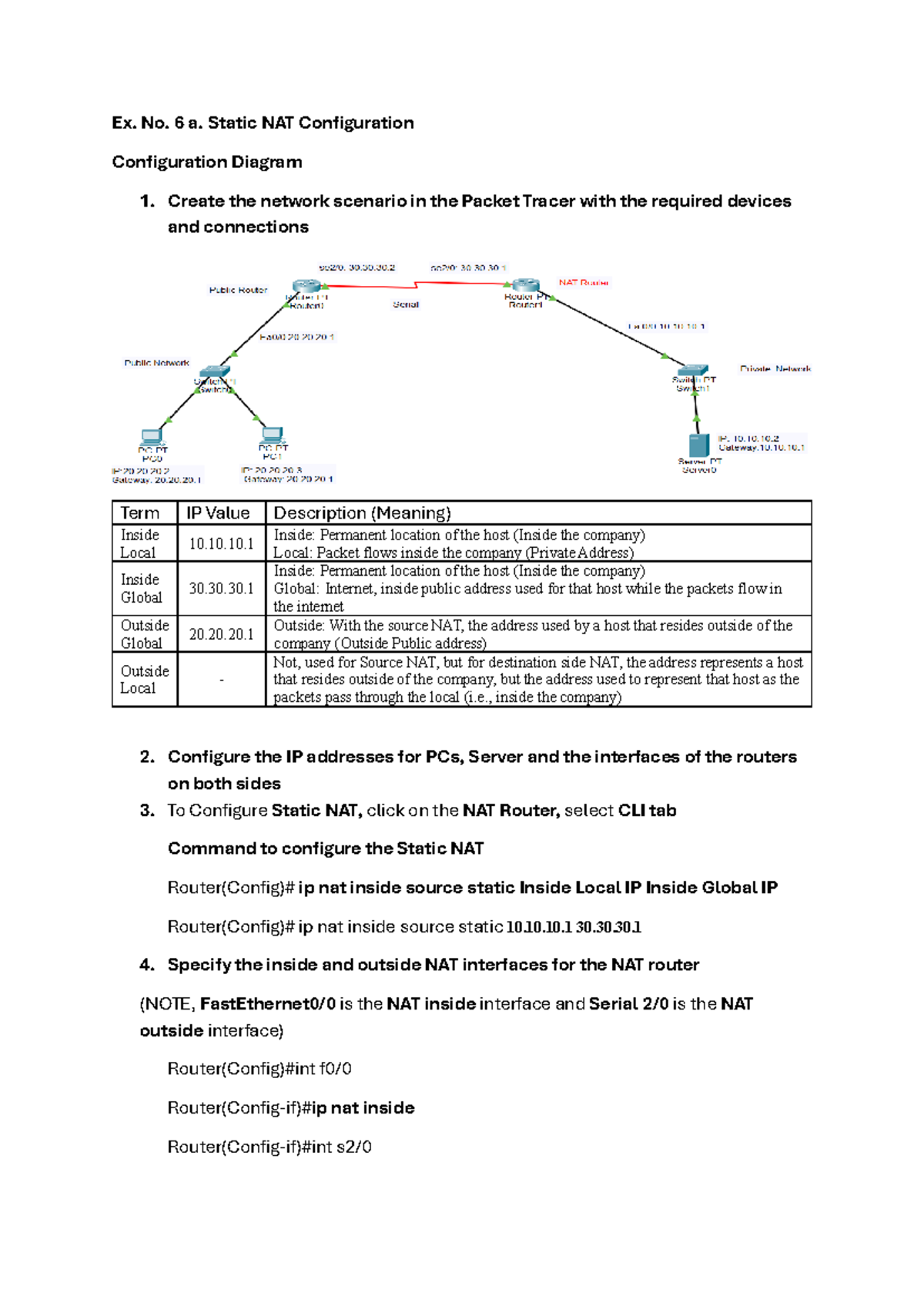Static NAT Configuration Guide - Ex. No. 6 - Studocu