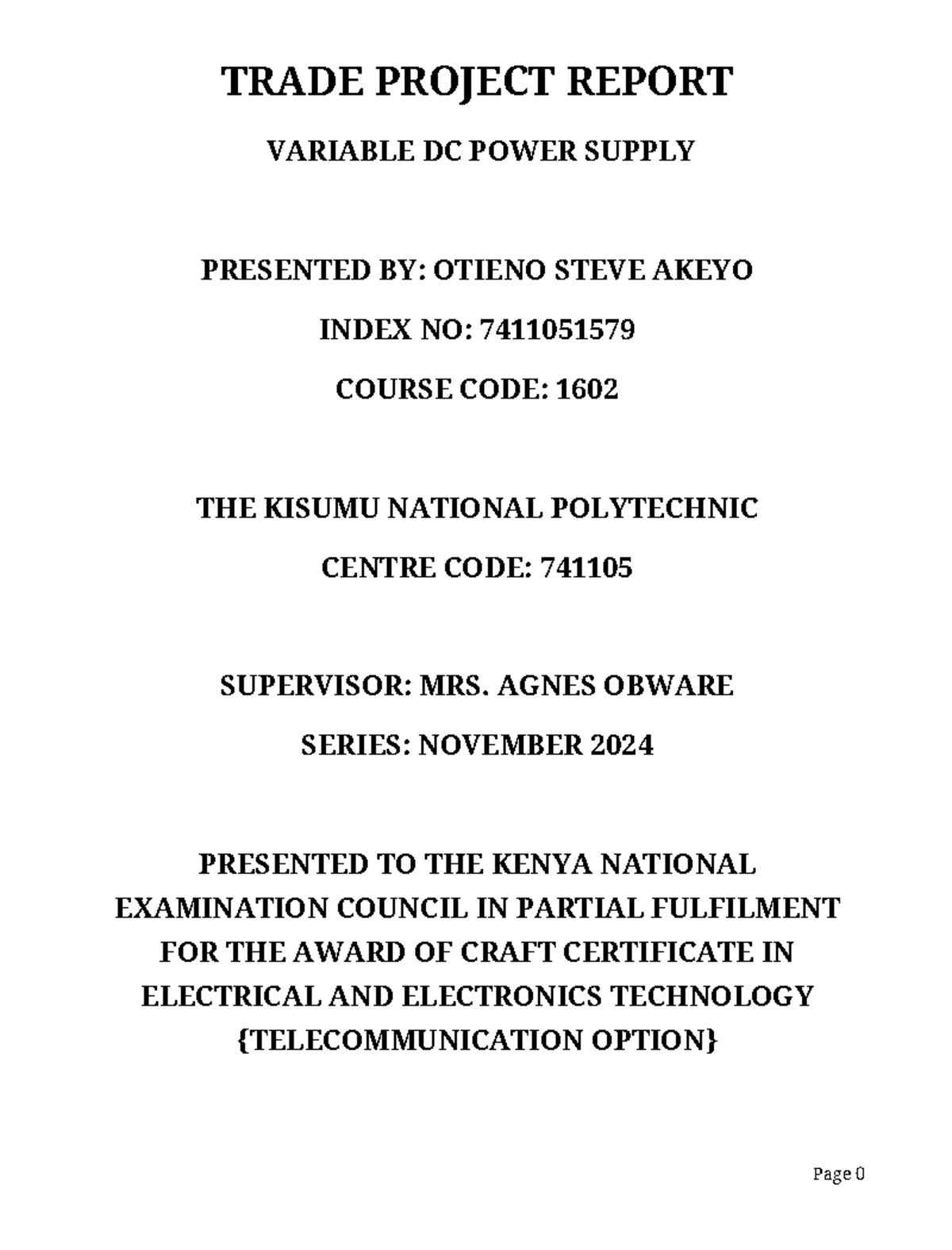 1602 - Trade Project Report on Variable DC Power Supply Design - Studocu