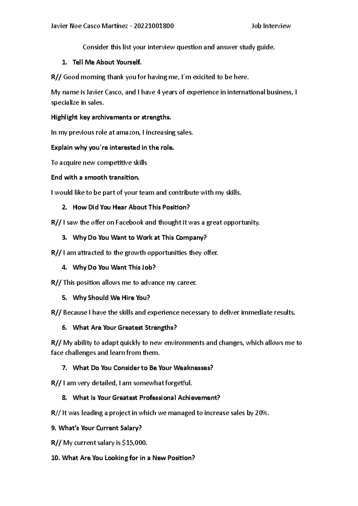 20221001800 Job Interview Q&A Study Guide by Javier Casco - Studocu