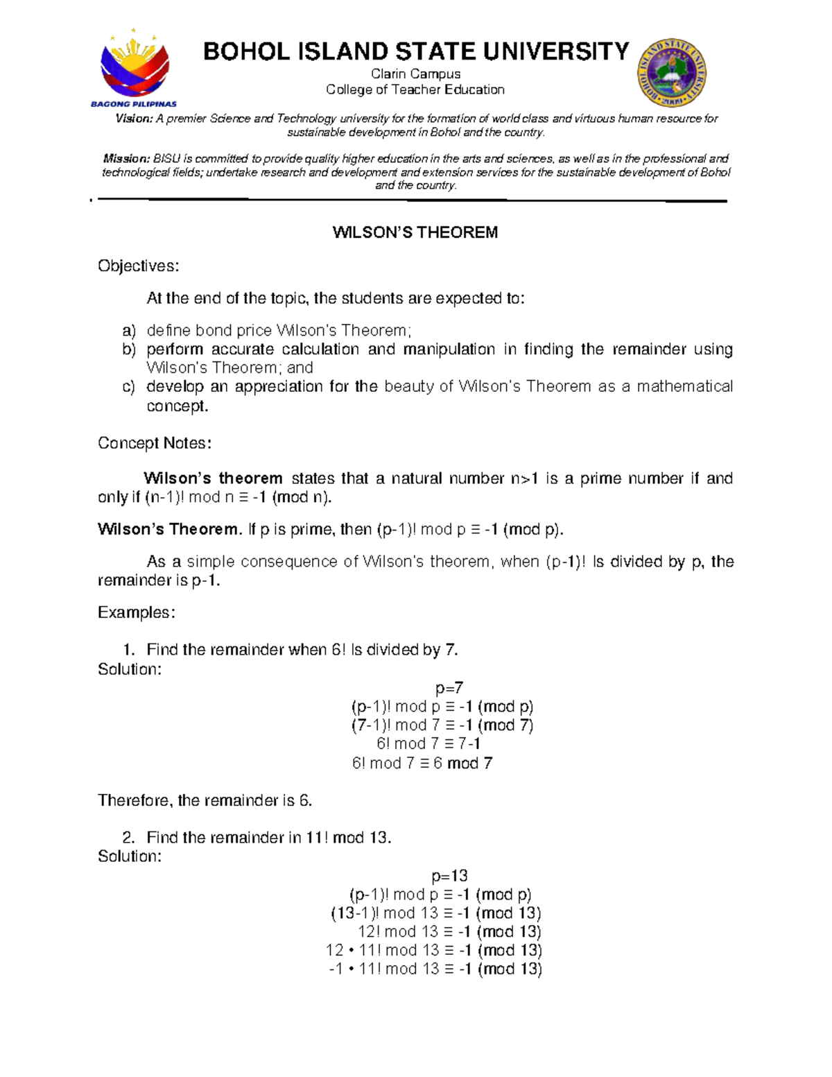 BISU F-ADF-HRM-015: Understanding Wilson's Theorem Principles - Studocu