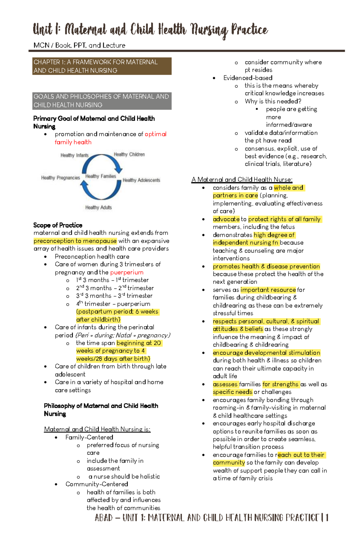 MCN 101: Unit 1 Maternal and Child Health Nursing Notes - Studocu