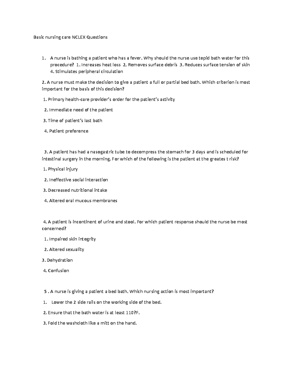 NCLEX Review: Basic Nursing Care Questions and Answers - Studocu