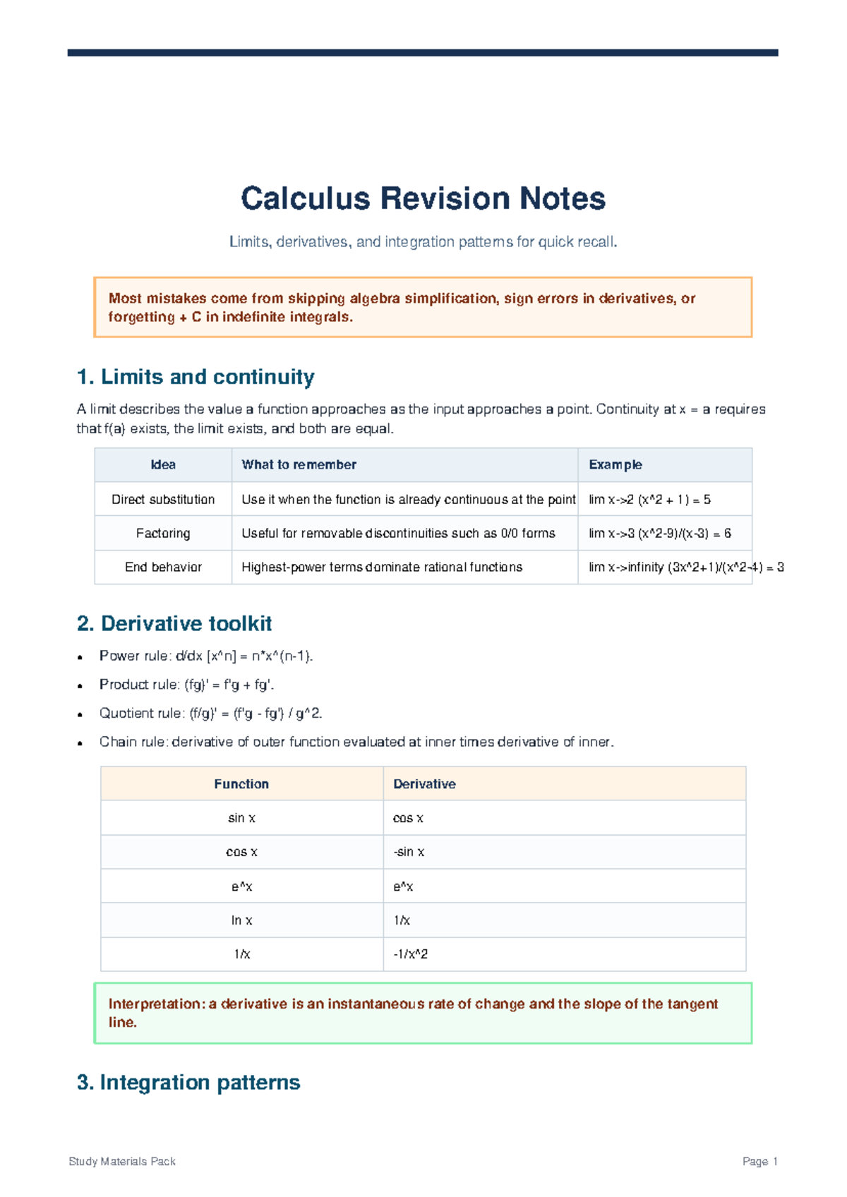 Calculus Revision Notes: Limits, Derivatives & Integration Patterns ...
