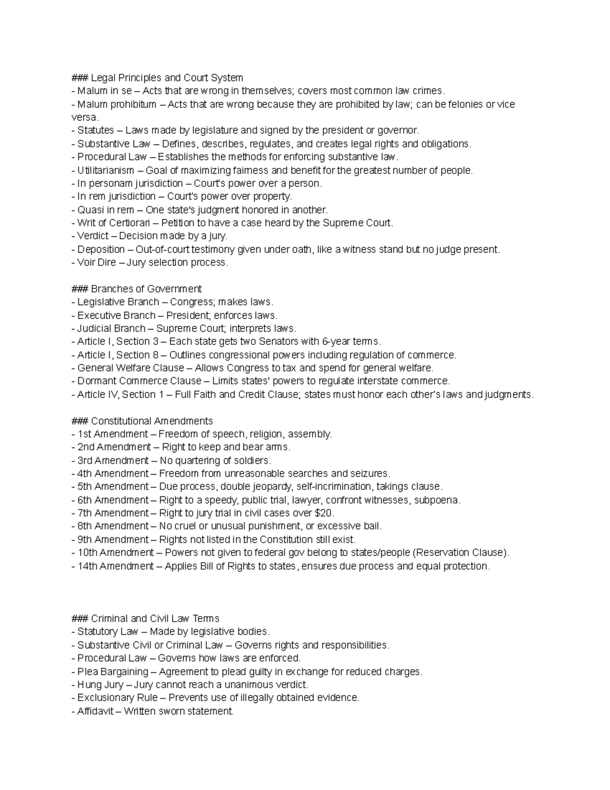 Legal Principles and Court System Overview - Quizlet Notes - Legal ...