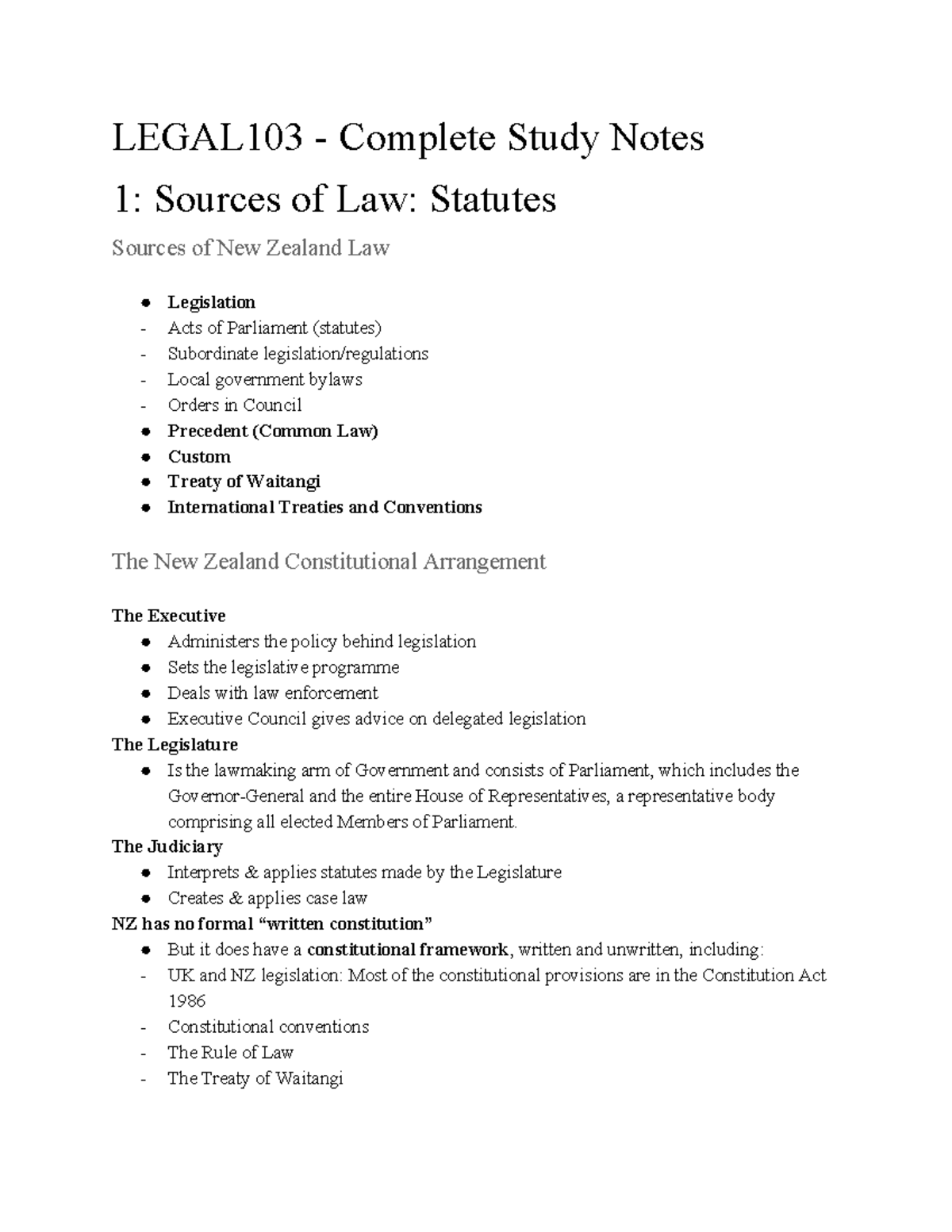 Legal 103: Comprehensive Study Notes on New Zealand Law Sources - Studocu