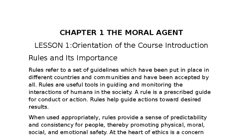 CHAPTER 1: The Moral Agent - Lesson 1 Overview and Importance of Rules ...