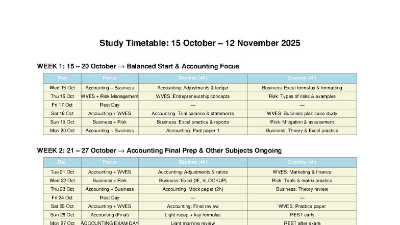 Study Timetable for Accounting & Business (Oct-Nov 2025) - Studocu