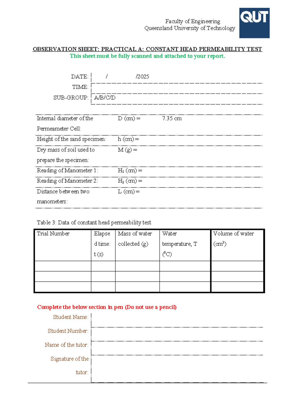 EGB373 - Flow & Deformation Lab: Observation Sheets for Practical A ...
