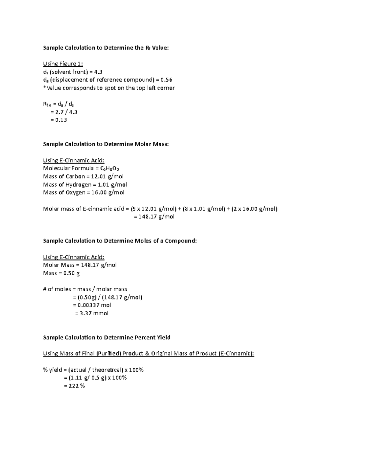 Sample Calculations Lab 5 - Sample Calcula+on to Determine the Rf Value ...