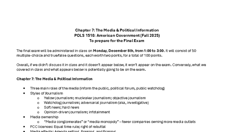 Final Exam Study Guide: Media & Political Info, POLS 1510 - Studocu