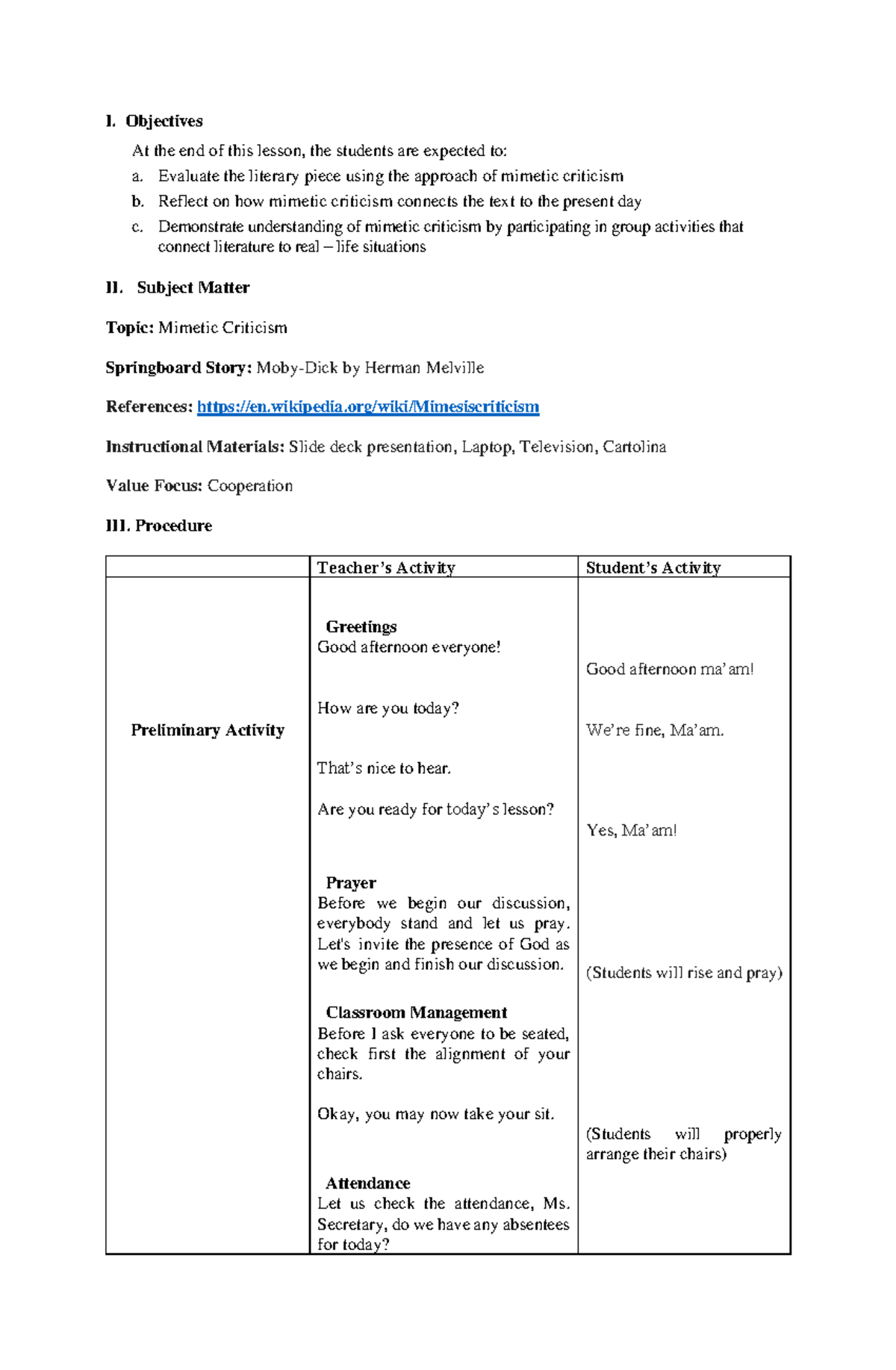 Final Lesson Plan on Mimetic Criticism (ENG 101) - Studocu