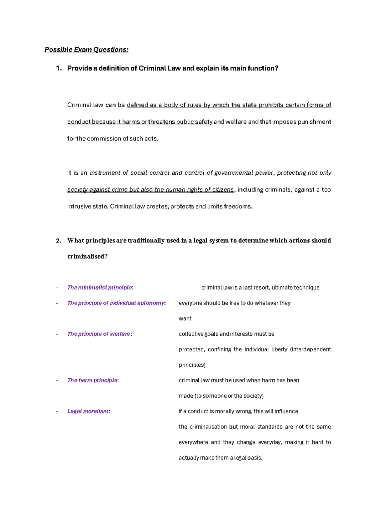 Criminal Law Exam Questions: Key Concepts & Principles (Course Code ...