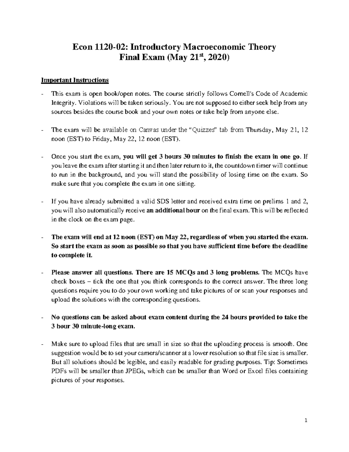 ECON 1120 Spring 2020 Final Exam - Important Instructions & Solutions ...