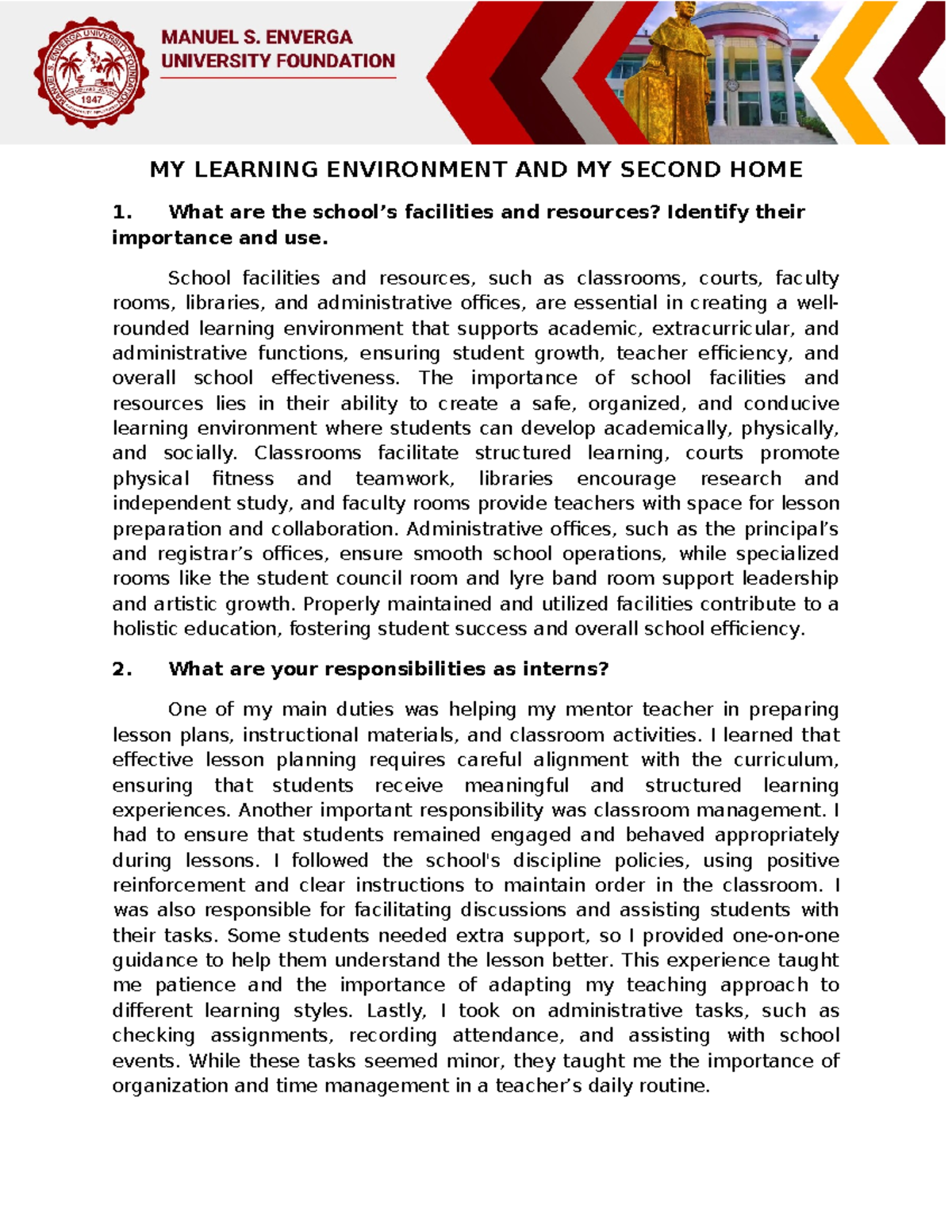 Task 3: My Learning Environment & Responsibilities as an Intern - Studocu