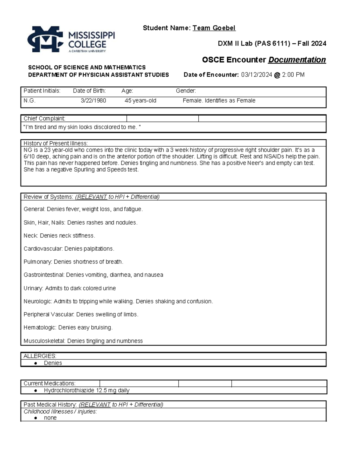 DXM II Lab Note: OSCE Encounter Documentation for Patient N.G. - Studocu