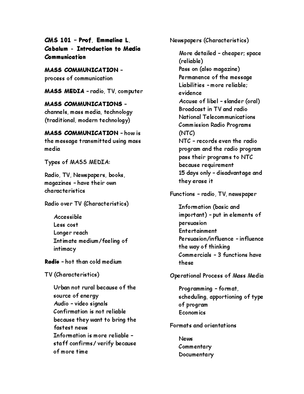 CMS 101 Lecture Notes: Understanding Mass Communication and Media - Studocu
