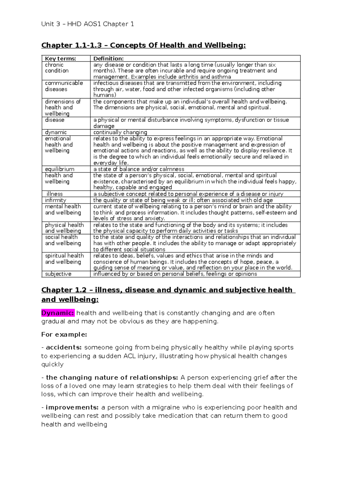 Unit 3 HHD AOS1 Chapter 1: Concepts of Health and Wellbeing - Studocu