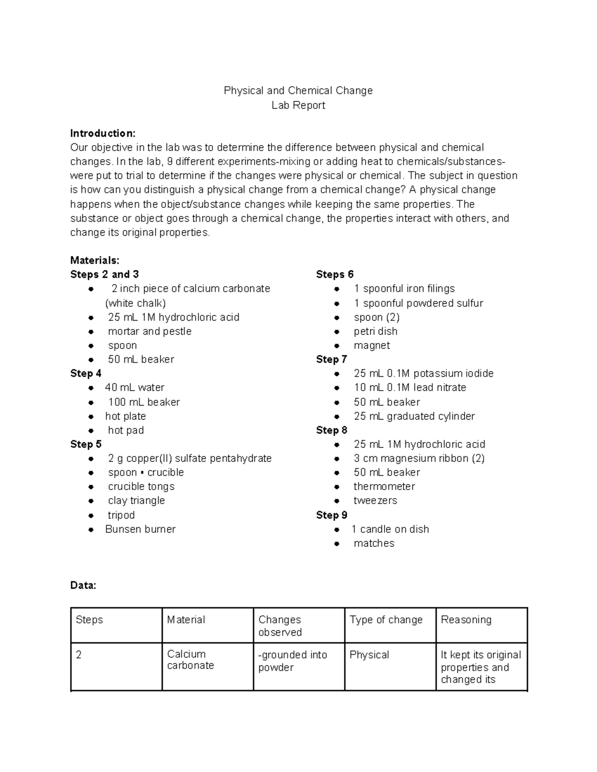 Lab Report on Physical and Chemical Changes: A Comparative Study - Studocu