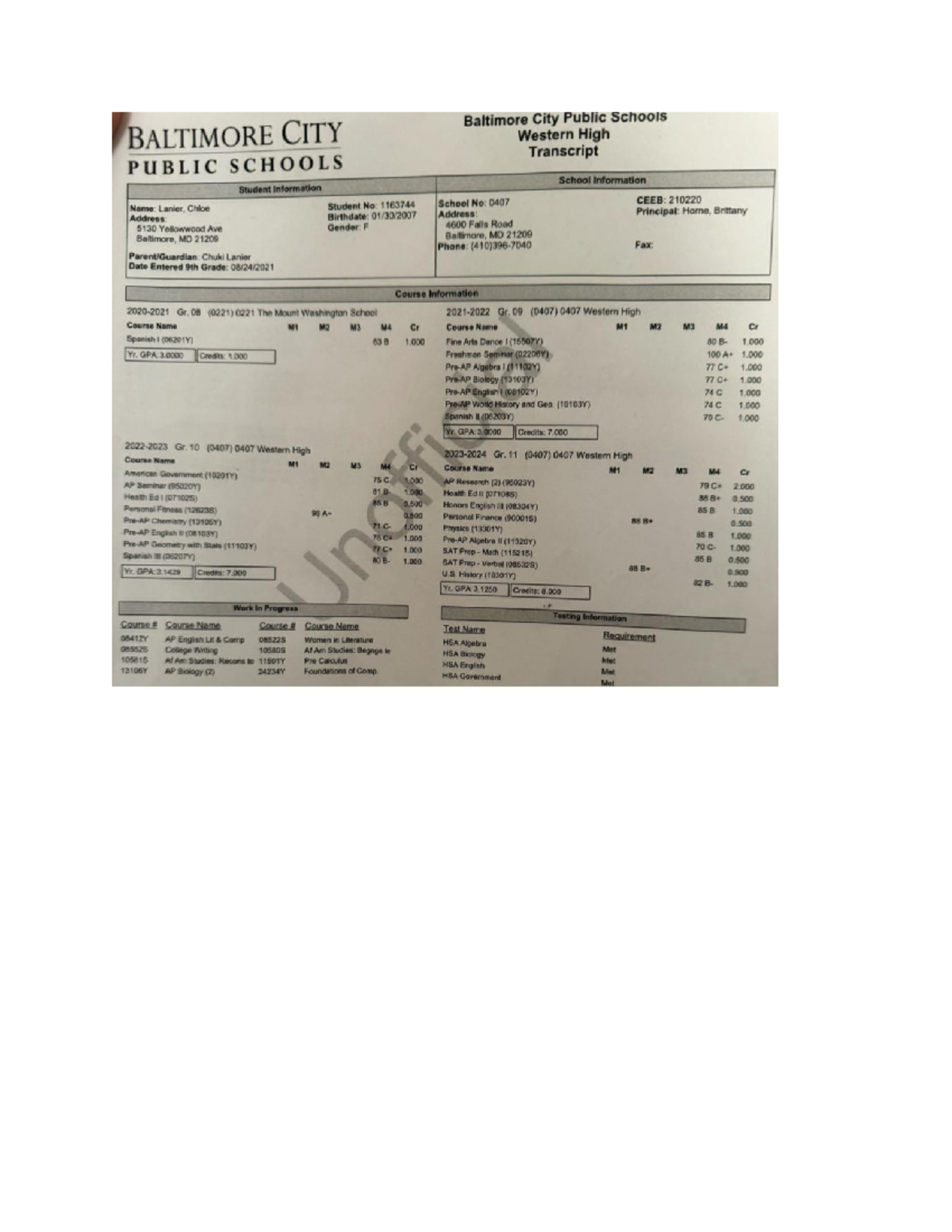 Baltimore City Public Schools Transcript - Chloe Lanier - Western High ...