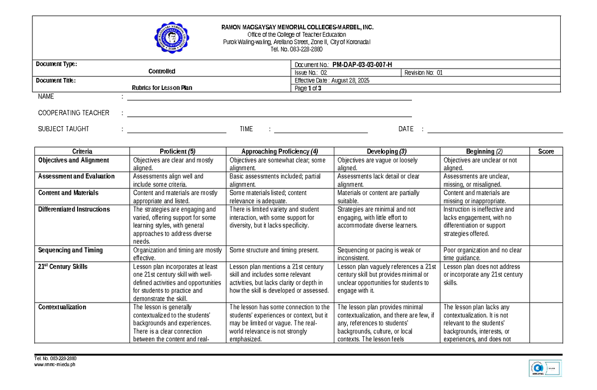 Controlled Rubrics for Lesson Plan (EDU 101) - August 2025 - Studocu