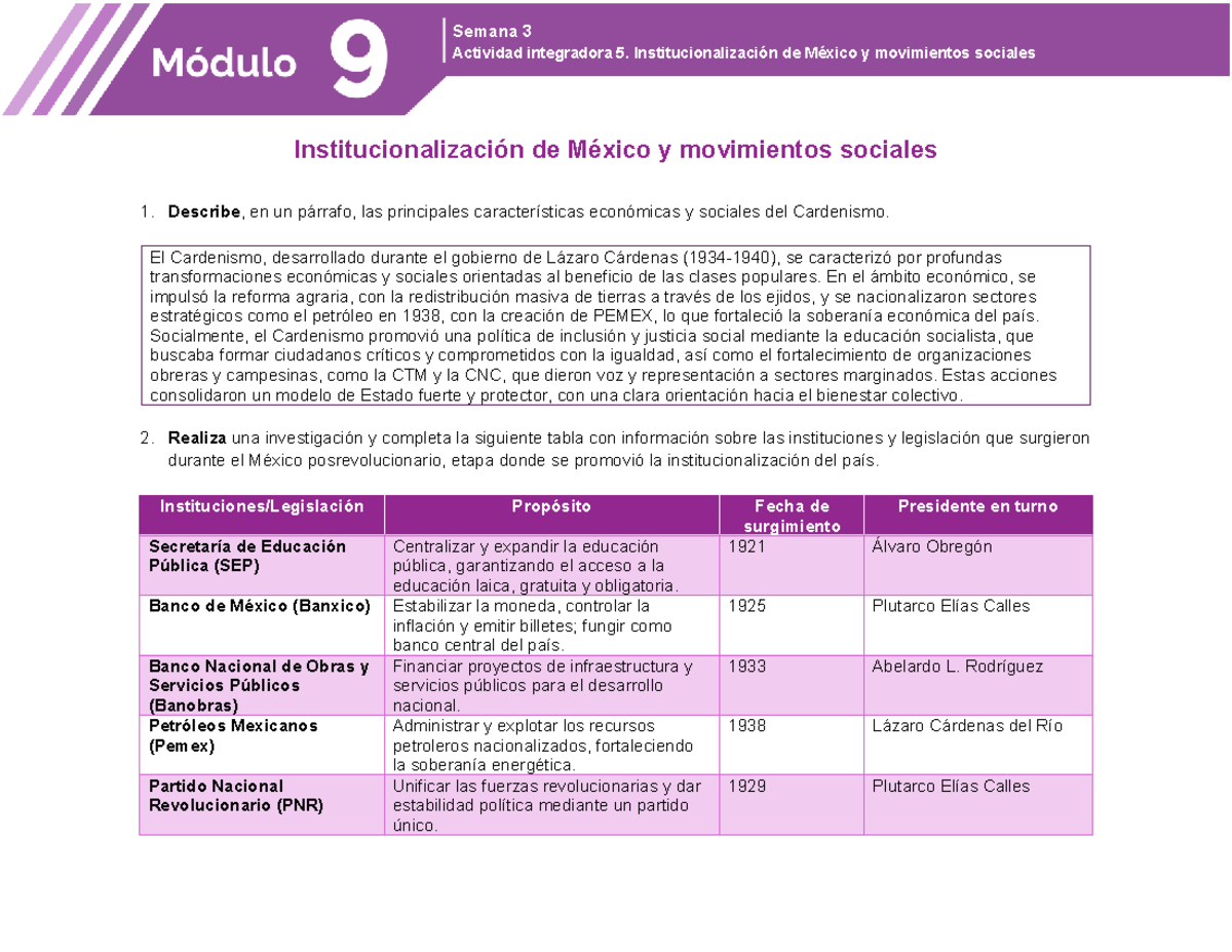 Semana 3 Actividad Integradora 5: Institucionalización y Movimientos