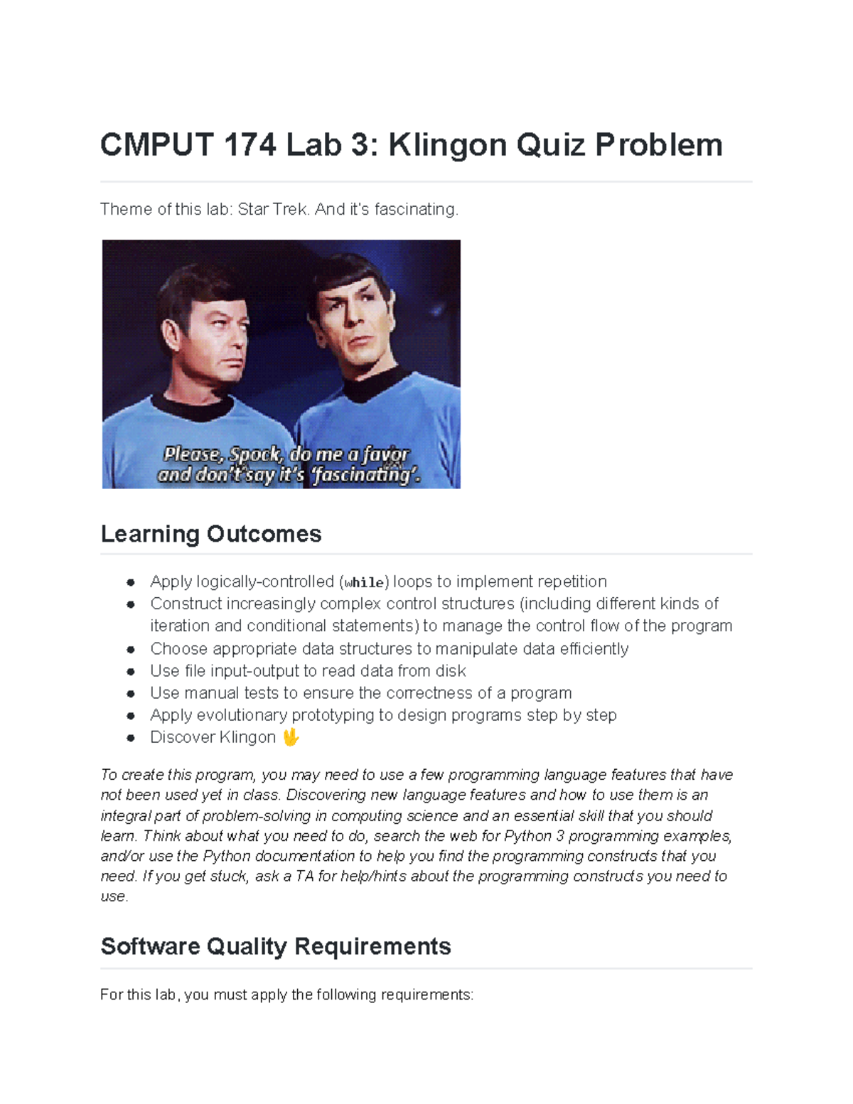 CMPUT 174 Lab 3 - Klingon Quiz Problem: Coding Concepts Explained - Studocu