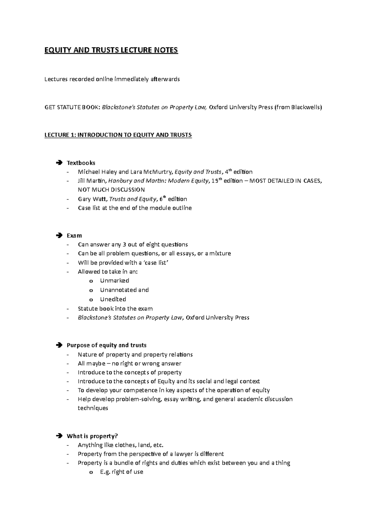 Equity and Trusts Lecture Notes (EQUITY 101) - Comprehensive Overview ...