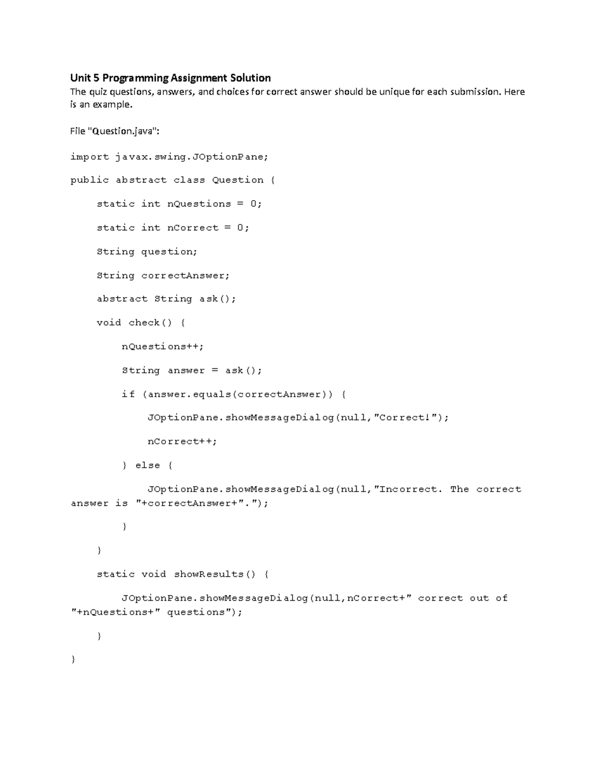 Unit 5 Programming Assignment: Unique Question Implementation - Studocu
