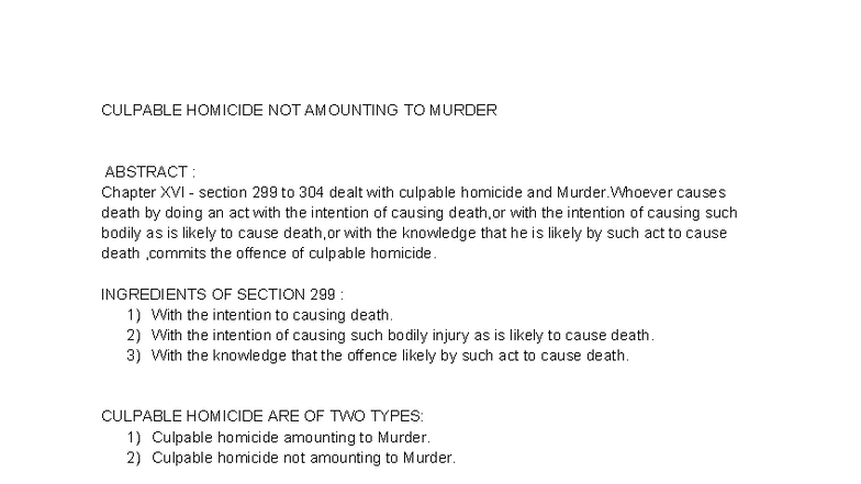 CULPABLE HOMICIDE NOT AMOUNTING TO MURDER: A Legal Overview - Studocu