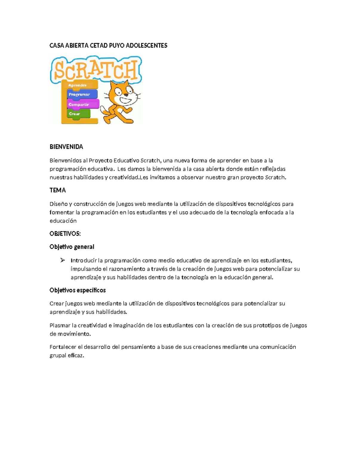 CASA ABIERTA CETAD PUYO: Proyecto Educativo Scratch para Adolescentes ...