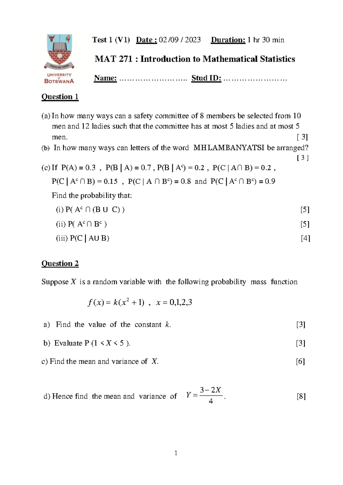 MAT 271 Test 1 V1: Intro to Mathematical Statistics Questions ...