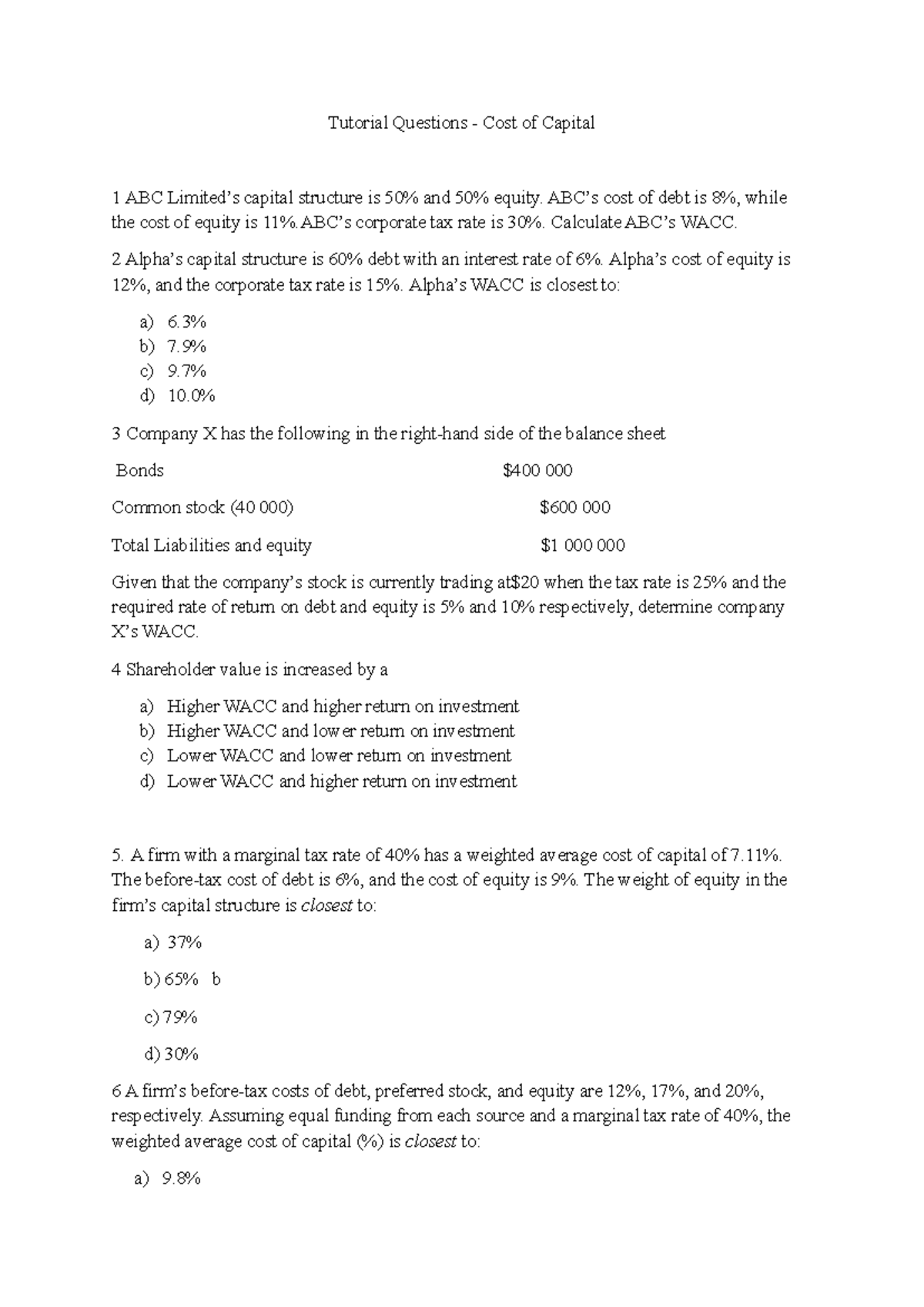 Tutorial Questions: Cost of Capital Analysis (FIN 101) - Studocu