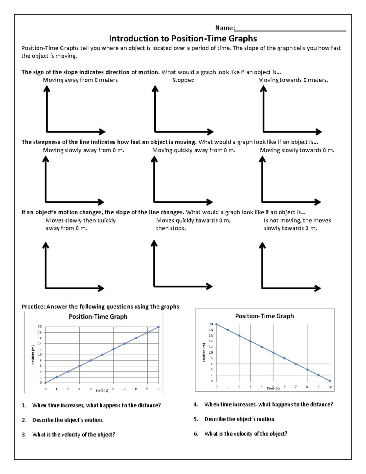 Position Time Graphs Note Sheet with Answers - Name: Introduction to ...