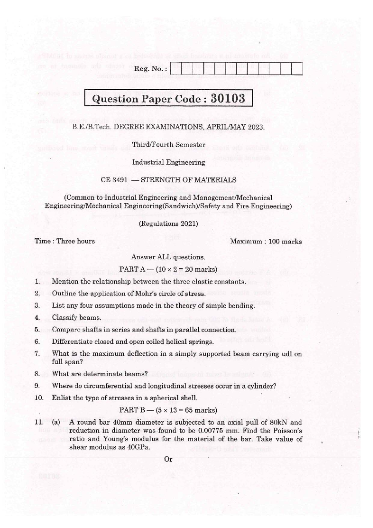 CE 3491 Strength of Materials - Degree Exam QP 2023 - Studocu