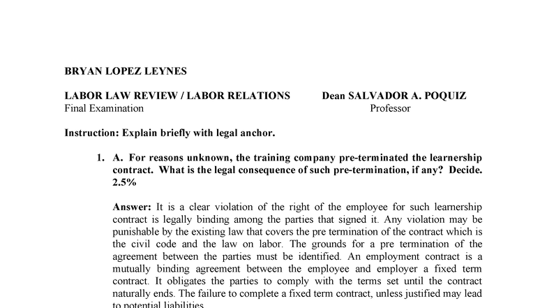 Labor Law (LAB 101) Final Exam Reviewer: Key Concepts & Legal ...