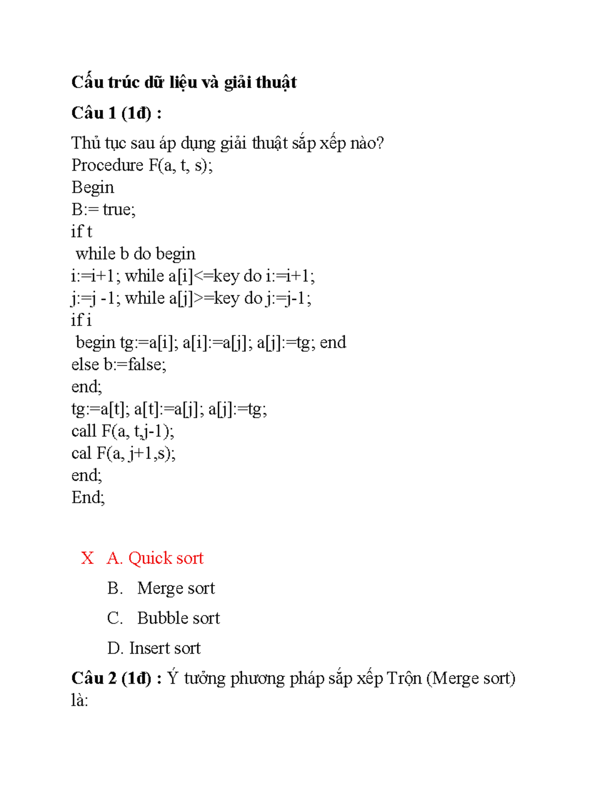 Cấu trúc dữ liệu và giải thuật - Câu hỏi ôn tập (CSDL101) - Studocu