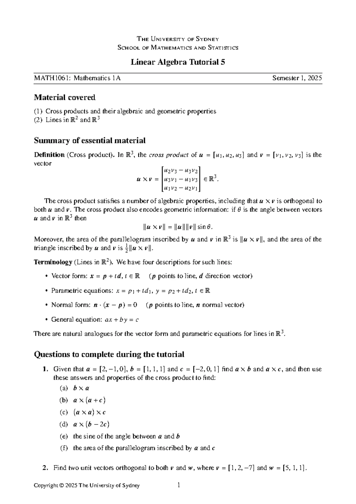 Linear algebra tutorial 1 MATH1061: Mathematics 1A Semester 1, 2025 ...