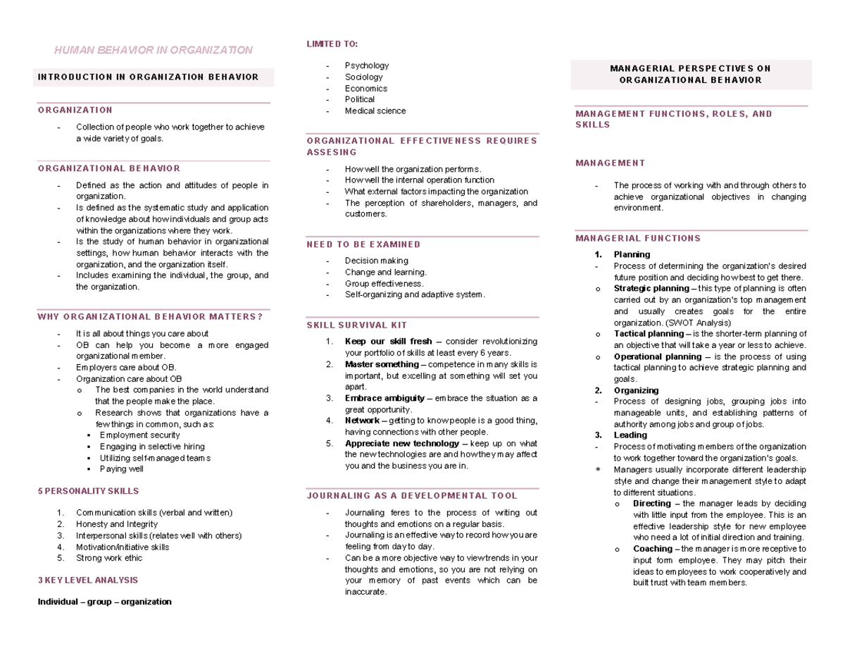 HBO- Notes on Human Behavior in Organizations: Key Concepts and ...